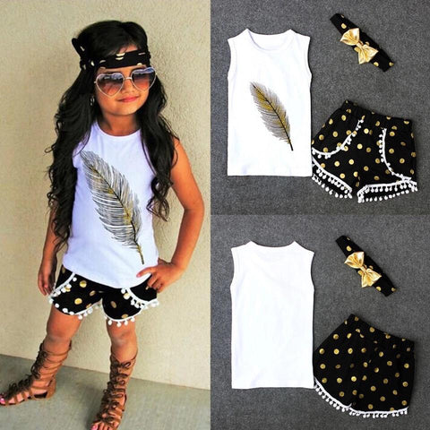 3-Pc Girls fahion shorts, T- shirt& hair bow