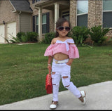 Toddler Girls off shoulder Blouse & denim destroyed Jeans