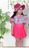 Girls fashion multi-colored top and pink flared skirt