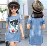 Kid girls 3D printed short sleves denim dress.